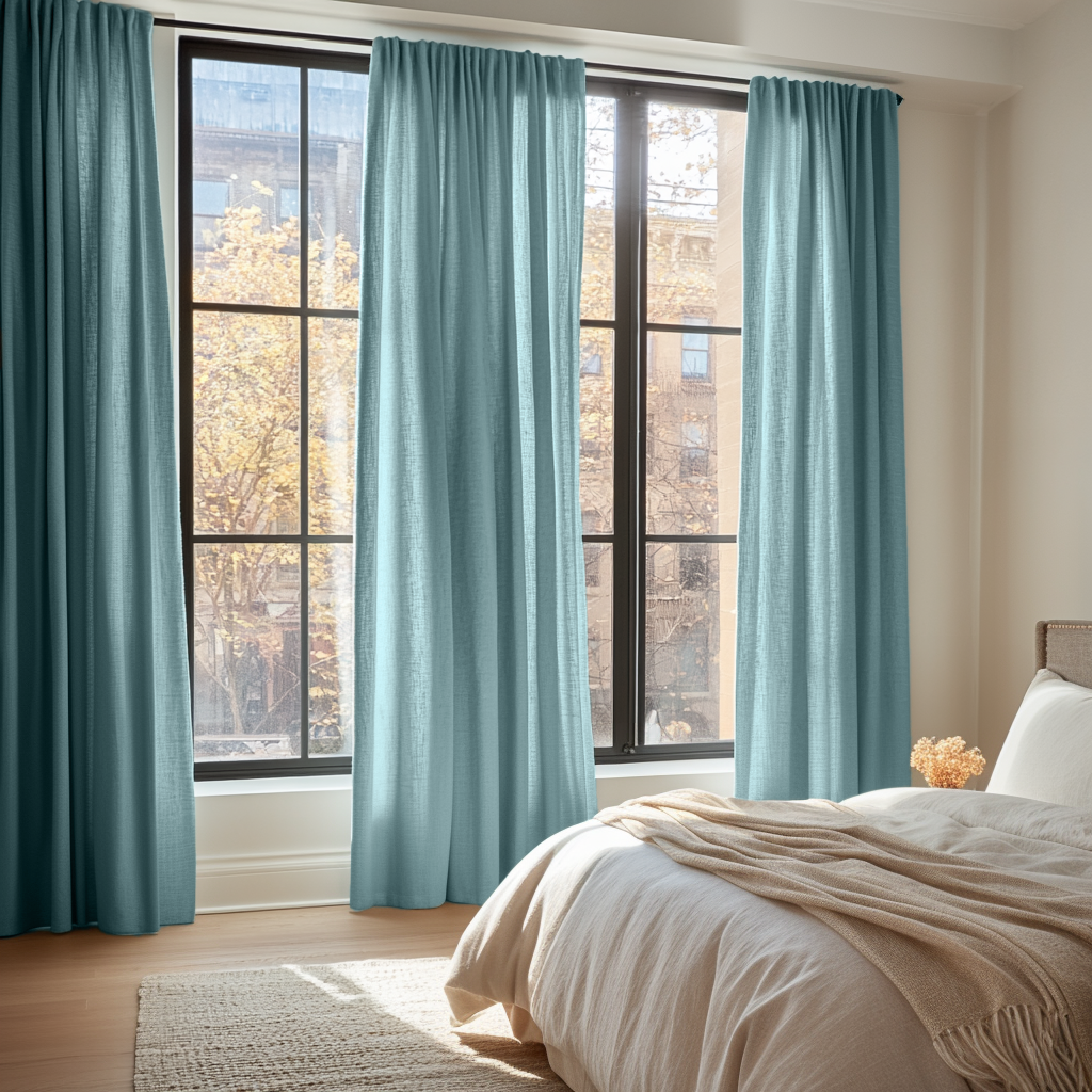 Aquamarine Light Blue Bedroom Linen Curtains - Unlined
