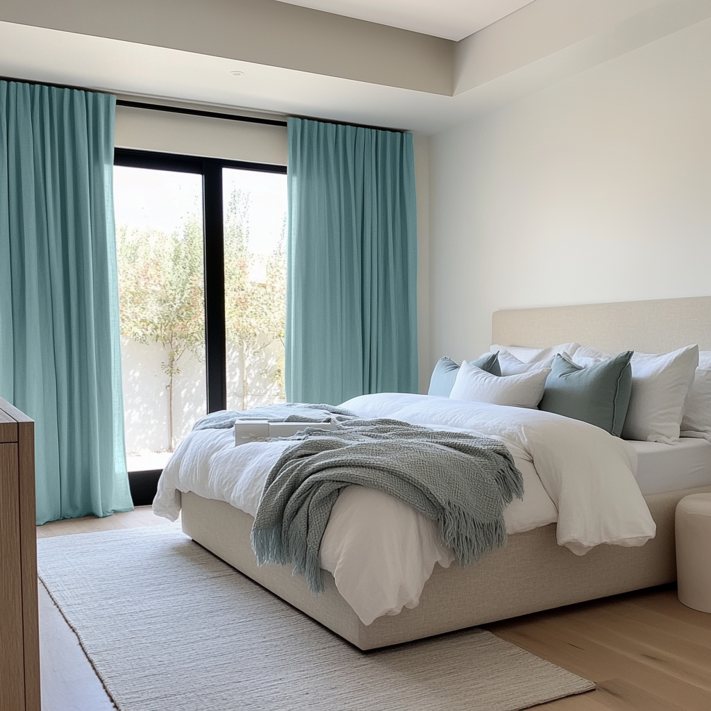 Aquamarine Light Blue Bedroom Linen Curtains - Unlined