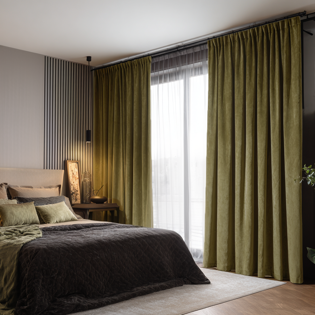 Olive Green Velvet Blackout Back Tab Curtain