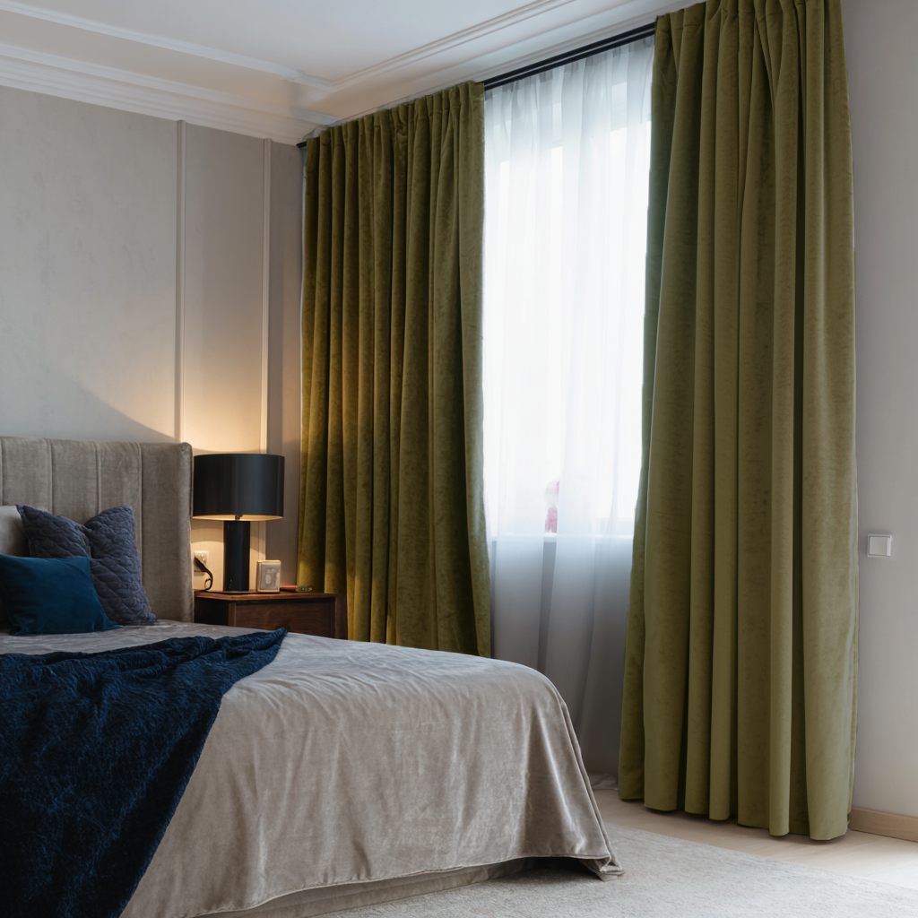 Olive Green Velvet Blackout Back Tab Curtain