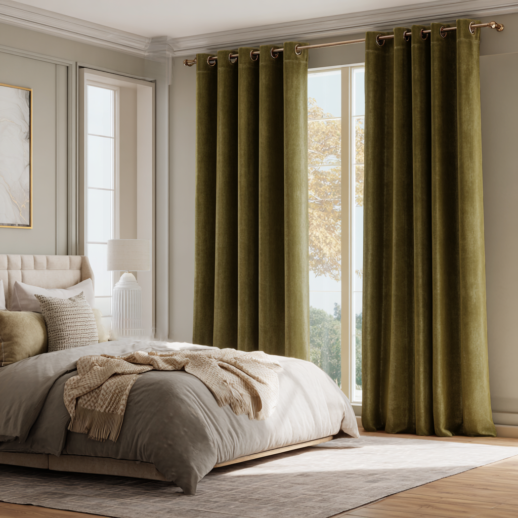 Olive Green Velvet Blackout Eyelet Curtain