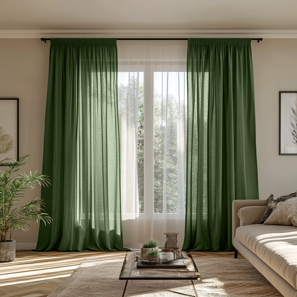 Forest Green Linen Pencil Pleat Unlined Curtain