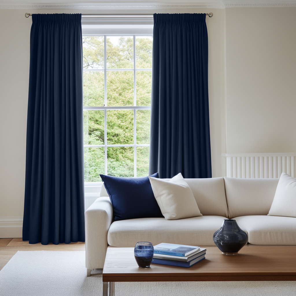 Royal Blue Pencil Pleat Linen Curtain