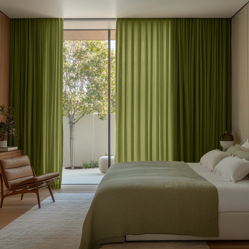 Moss Earthy Green Bedroom Curtains - Unlined