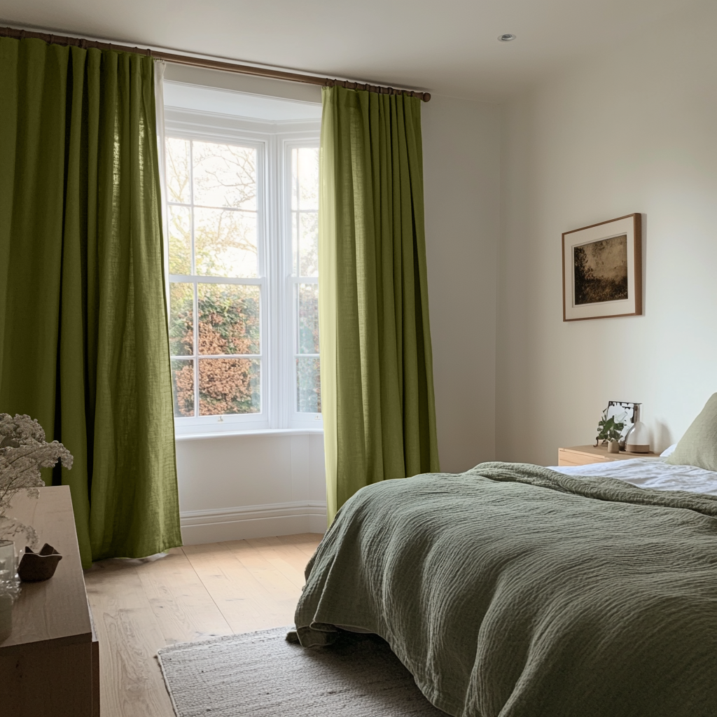 Moss Earthy Green Bedroom Curtains - Cotton Lined