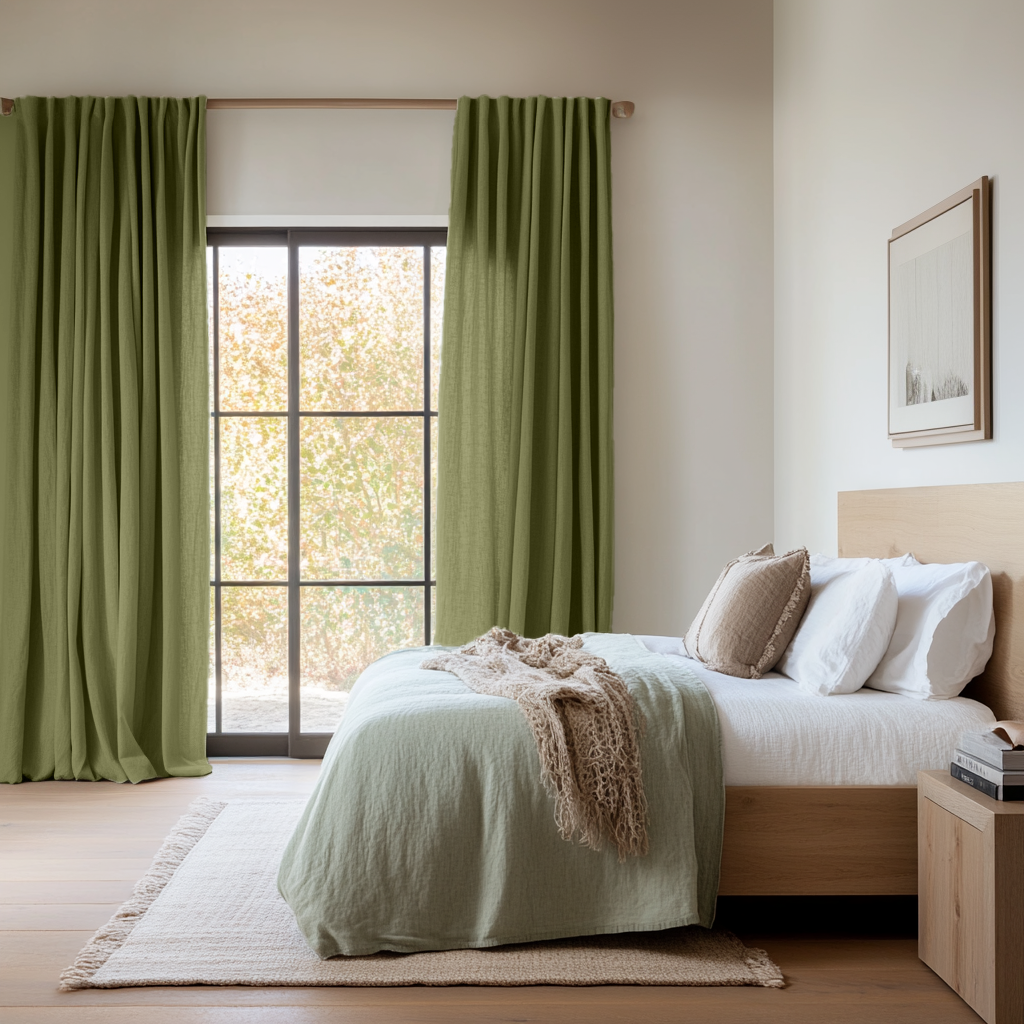 Moss Earthy Green Bedroom Curtains - Unlined