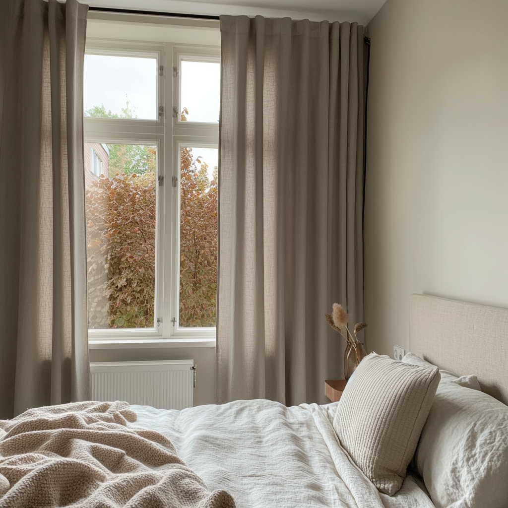 Natural Beige Bedroom Curtains - Back Tab Heavyweight Linen Curtain Panel - Unlined, Cotton or Blackout Lining