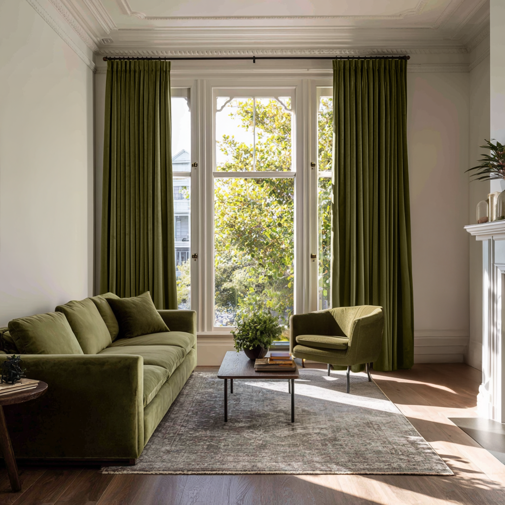 Olive Green Velvet Blackout Pencil Pleat Curtain