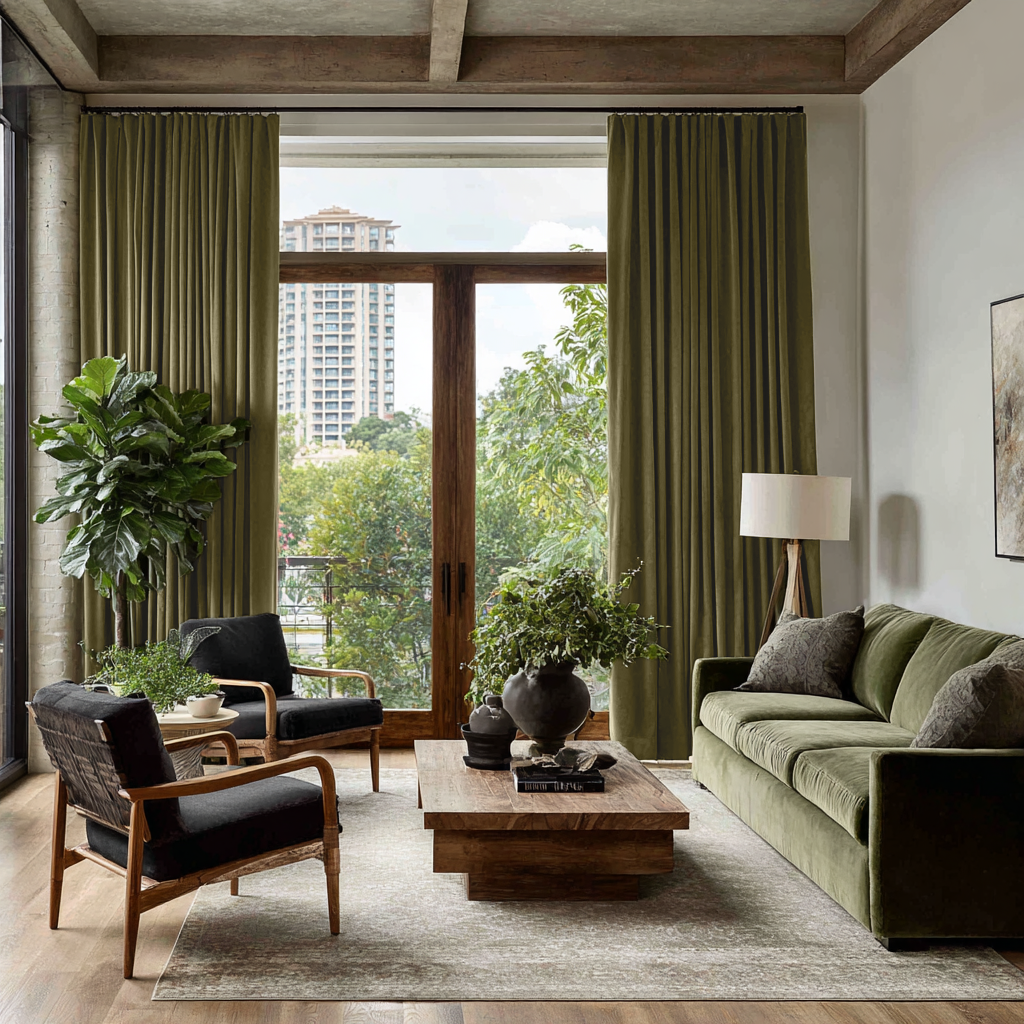 Olive Green Velvet Blackout S-Fold Curtain