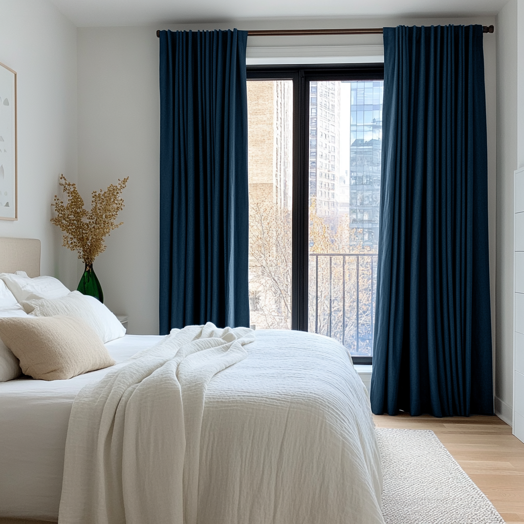 Peacock Dark Blue Linen Bedroom Blackout Curtains