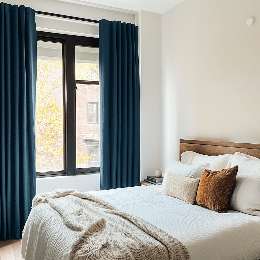 Peacock Blue Linen Blackout Bedroom Curtains