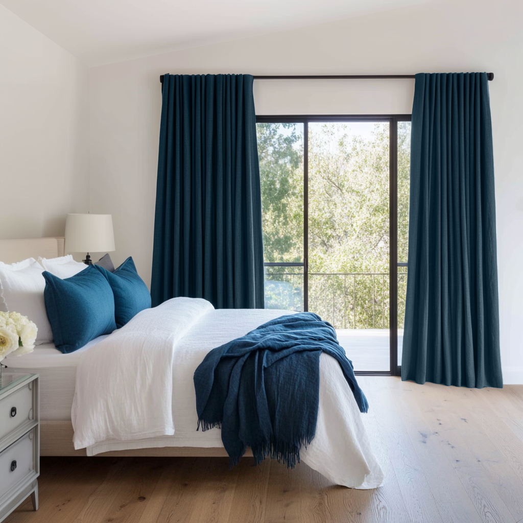 Peacock Dark Blue Linen Bedroom Blackout Curtains
