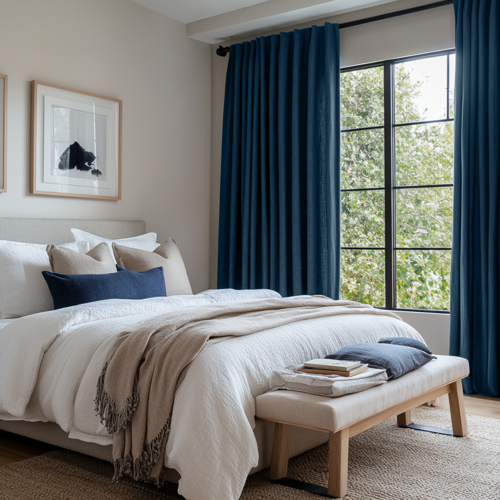 Peacock Dark Blue Linen Bedroom Curtains - Cotton Lined