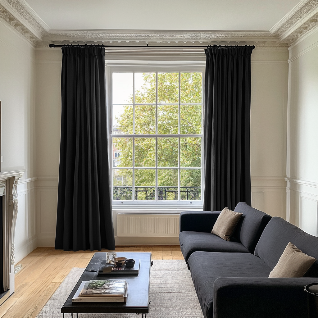 Black Pencil Pleat Curtains - Cotton Lining