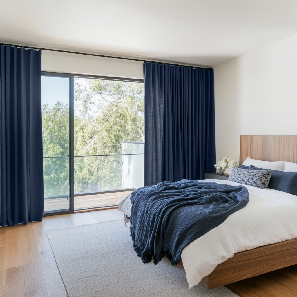 Royal Dark Blue Bedroom Curtains Cotton Lined