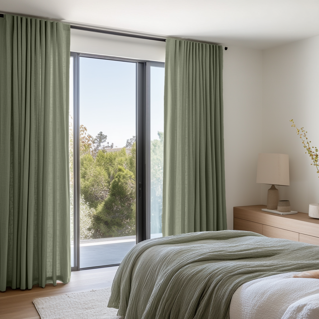 Sage Green Bedroom Linen Curtains - Unlined