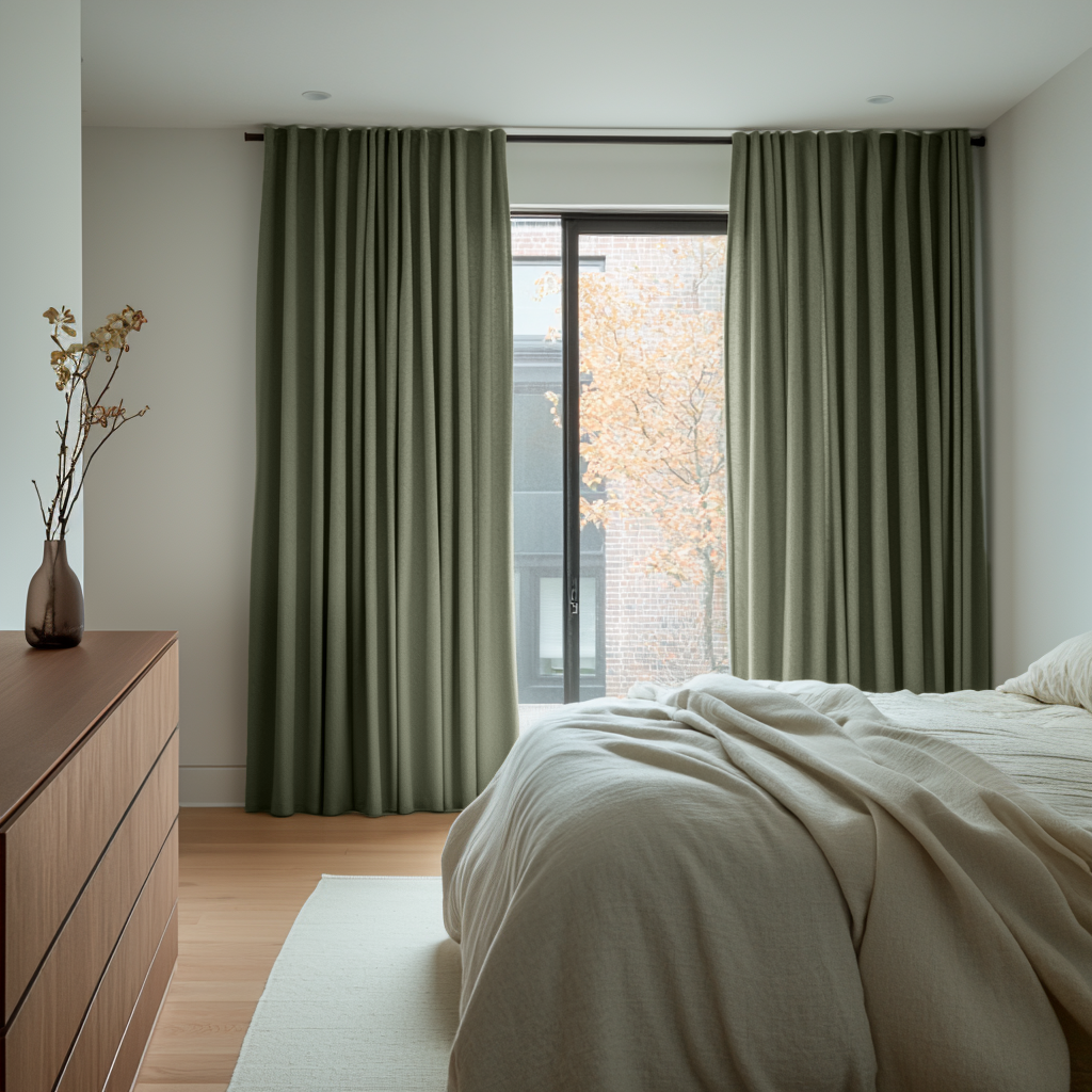 Sage Green Bedroom Linen Curtains - Cotton Lined