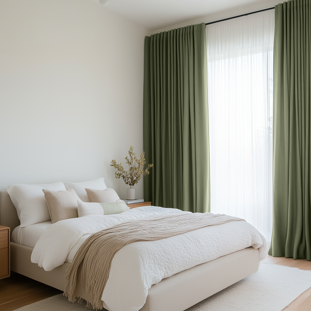 Sage Green Bedroom Linen Curtains - Unlined