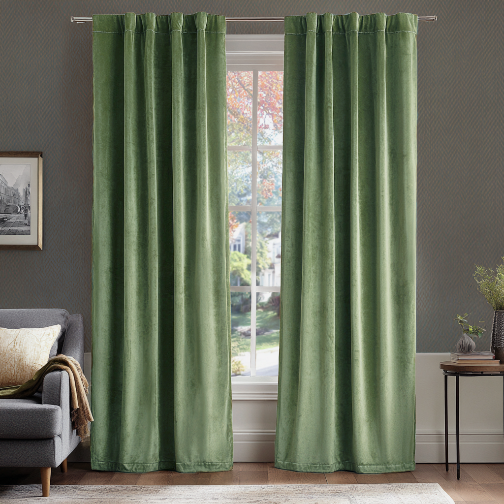 Sage Green Velvet Blackout Back Tab Curtain