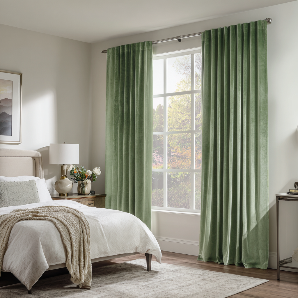 Sage Green Velvet Blackout Back Tab Curtain