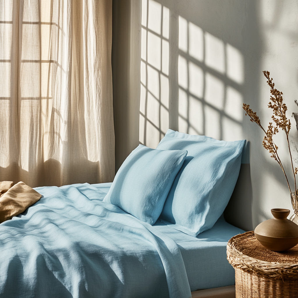 Light Sky Blue Washed Linen Deep Pocket Fitted Sheet Set