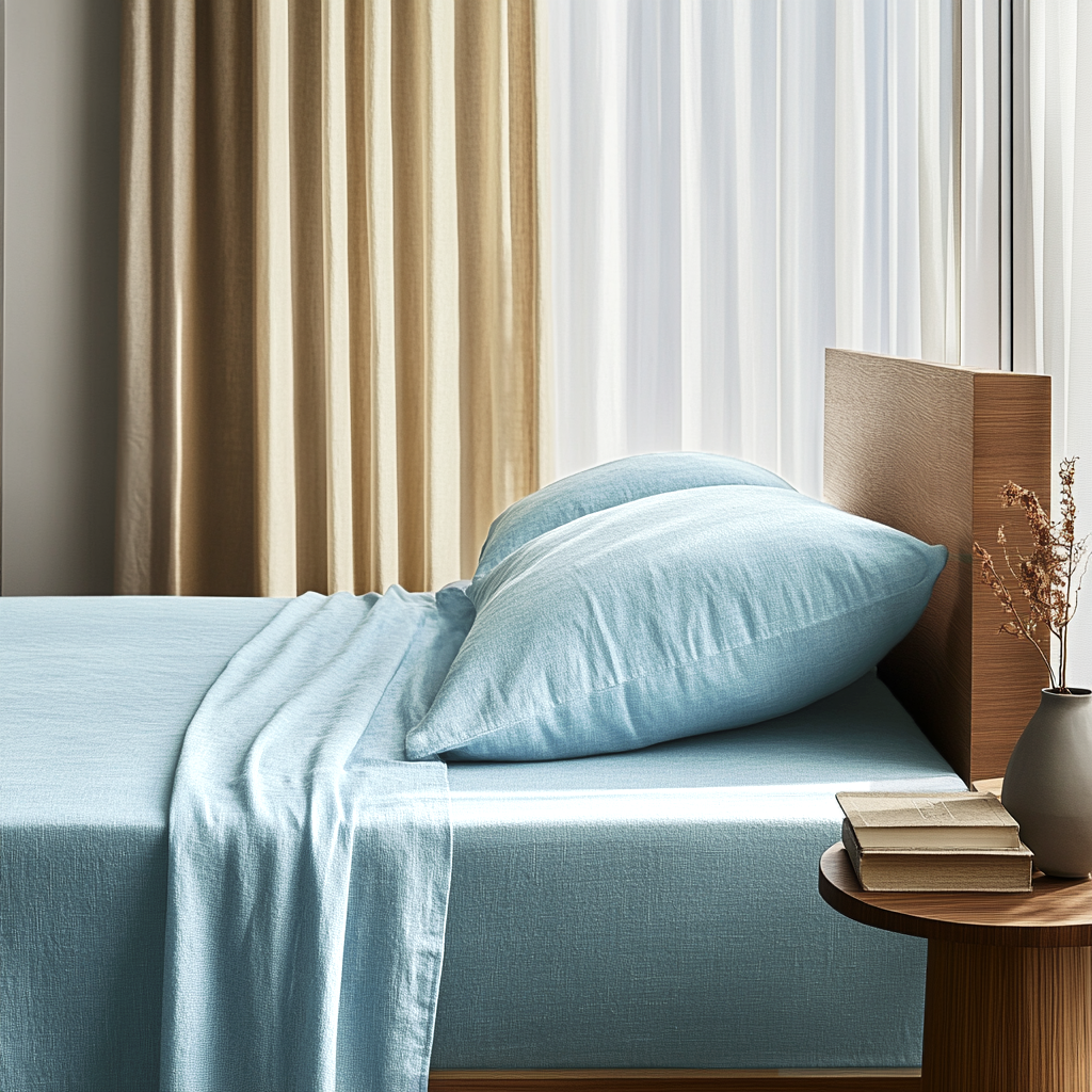 Light Sky Blue Washed Linen Deep Pocket Fitted Sheet Set