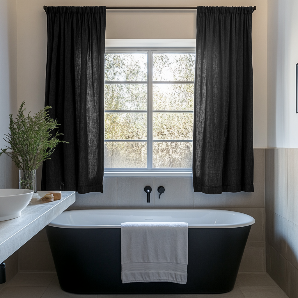 Black Small Linen Bathroom Curtains
