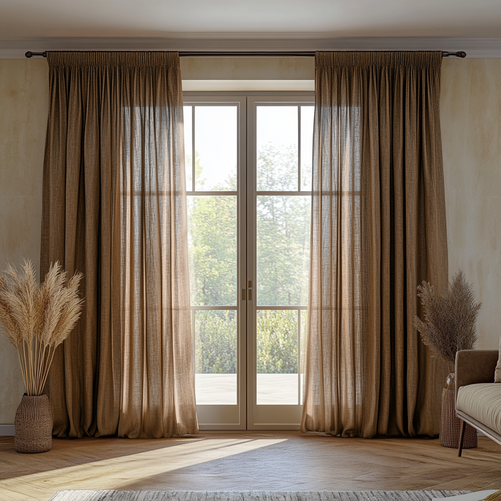 Tawny Brown Linen Pencil Pleat Unlined Curtain