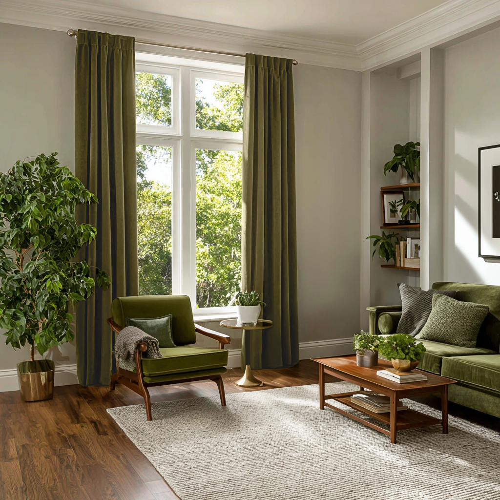 Olive Green Velvet Blackout Back Tab Curtain