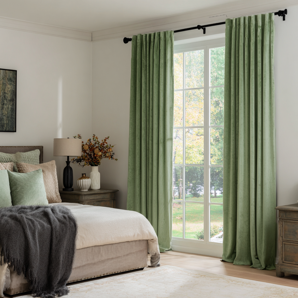 Sage Green Velvet Blackout Back Tab Curtain
