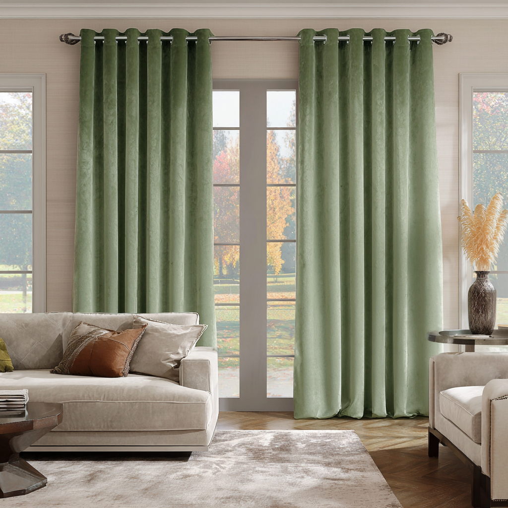 Sage Green Velvet Blackout Eyelet Curtain