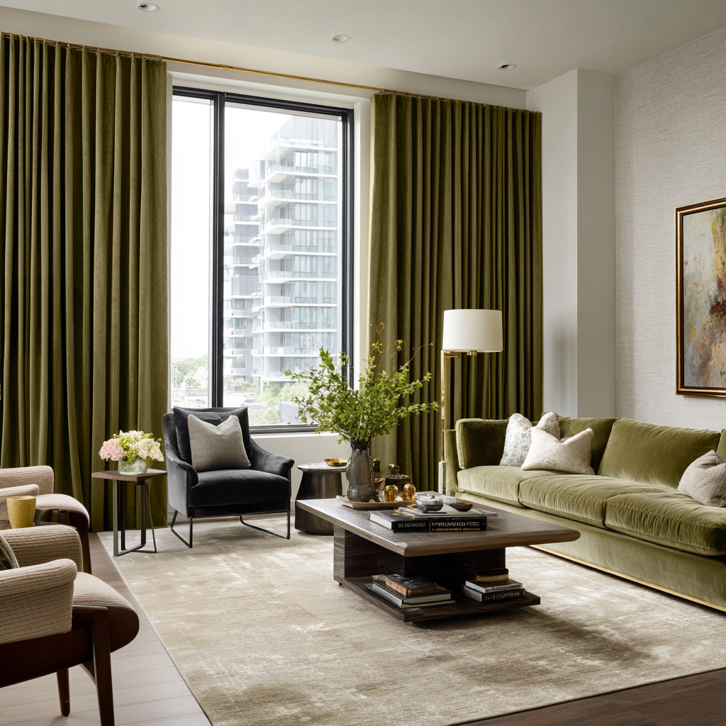 Olive Green Velvet Blackout S-Fold Curtain