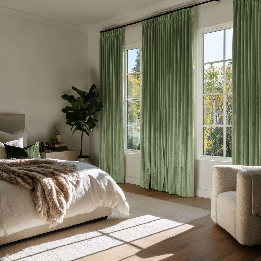 Sage Green Velvet Blackout Pencil Pleat Curtain