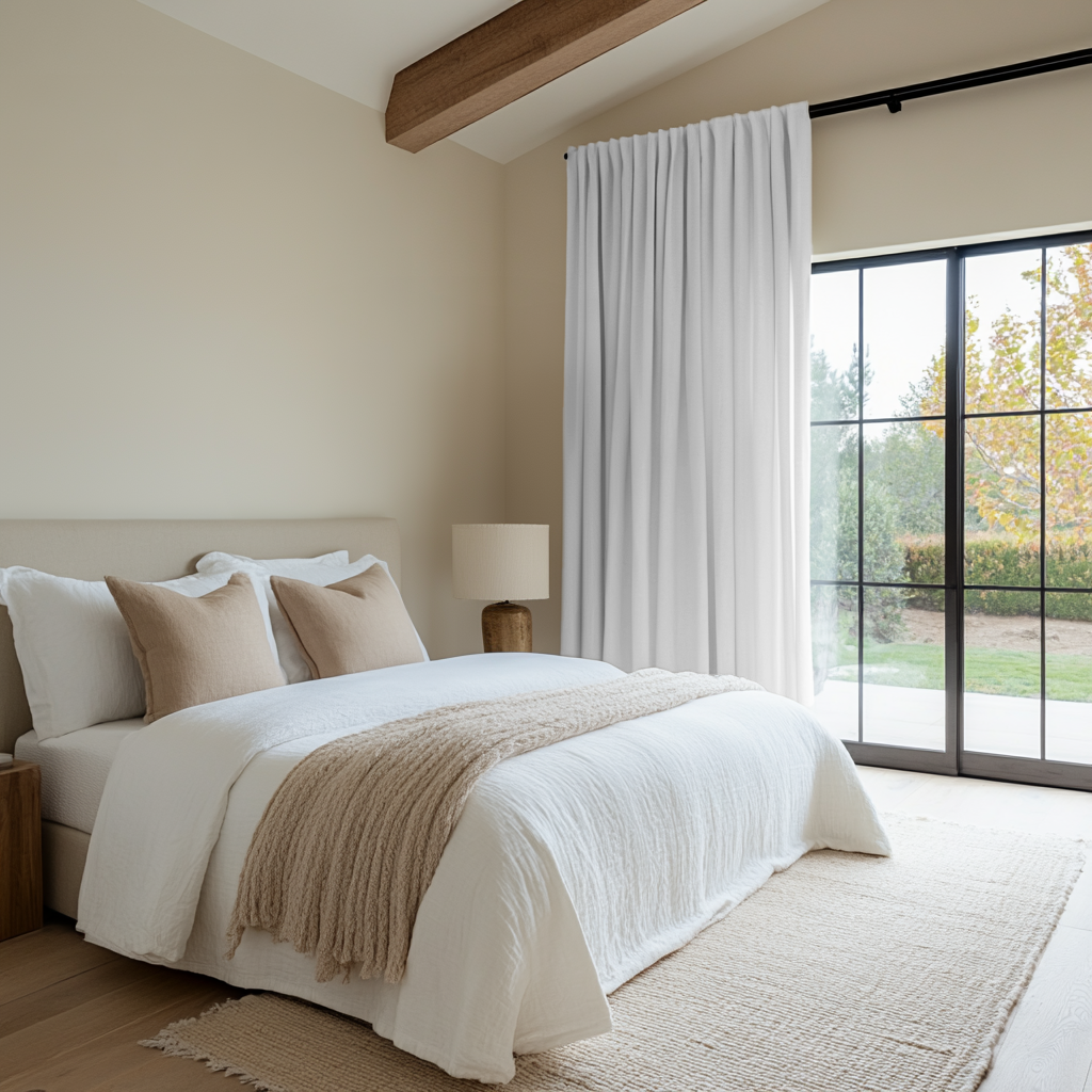 White Bedroom Blackout Linen Curtains
