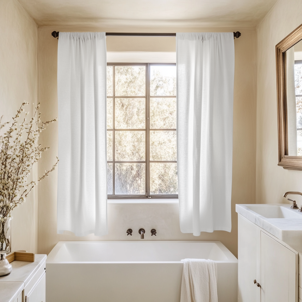 White Small Linen Bathroom Curtains