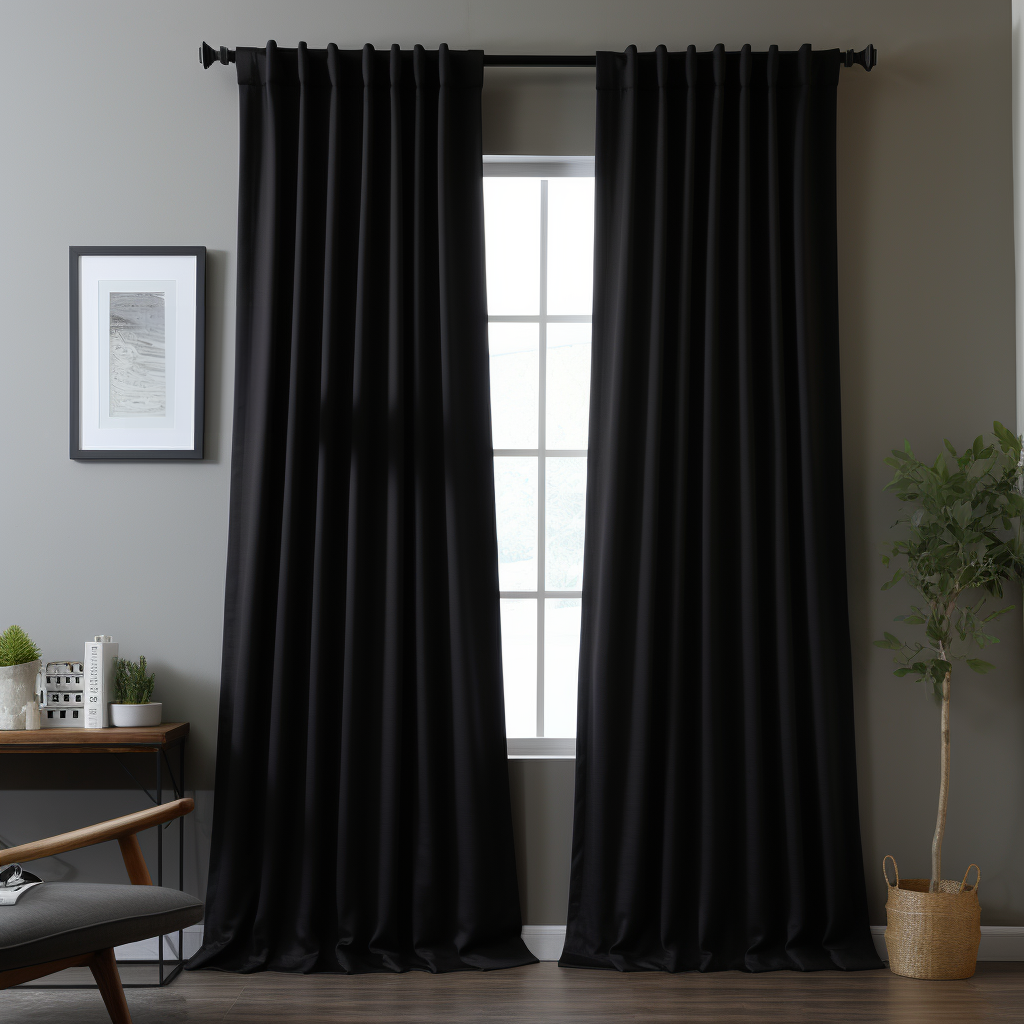 Black Linen Back Tab Curtain Panel with Blackout Lining - Custom Width, Custom Length