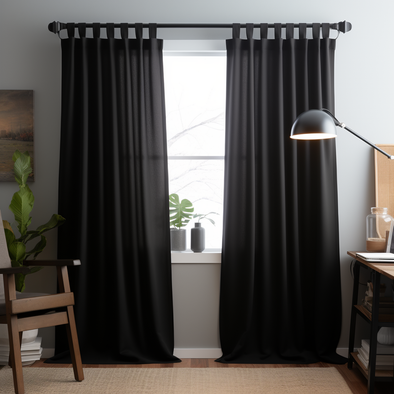 Black Linen Curtain with White Cotton Lining and Plain Tabs - Privacy Linen Drapery with Custom Width
