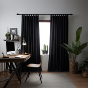 Black Linen Plain Tabs Curtain Panel with Blackout Lining - Custom Width, Custom Length