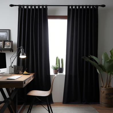 Black Linen Plain Tabs Curtain Panel with Blackout Lining - Custom Width, Custom Length
