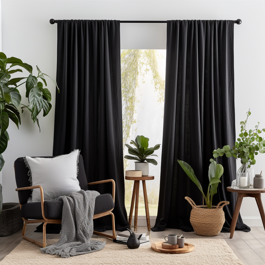Black Linen Pole Pocket Curtain with Blackout Lining - Custom Sizes And Colors