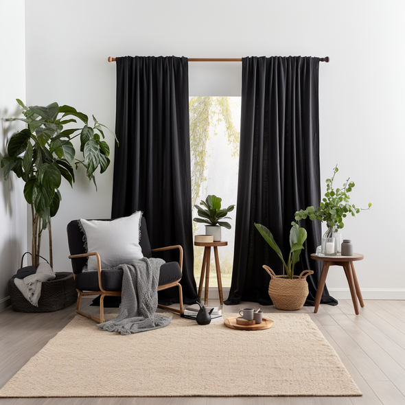 Black Linen Pole Pocket Curtain with Blackout Lining - Custom Sizes And Colors