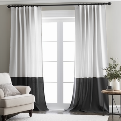 Black and White Color Block S-Fold Linen Curtain Panel - Custom Width and Length