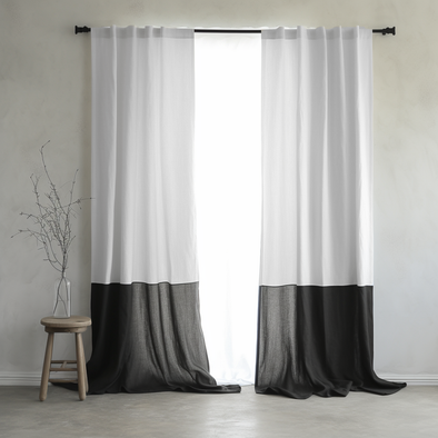 Black and White Colour Block Back Tab Linen Curtain Panel - Custom Width and Length