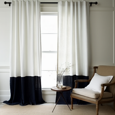 Black and White Colour Block Back Tabs Linen Curtain Panel with Cotton Lining - Custom Width and Length