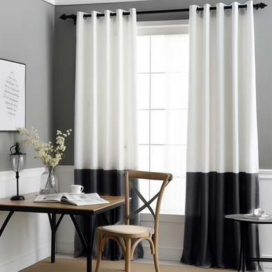Eyelet Top Black and White Color Block Linen Curtain Panel with Blackout Lining - Custom Width and Length