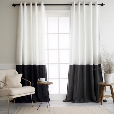 Eyelet Top Black and White Color Block Linen Curtain Panel with Cotton Lining - Cusom Width and Length