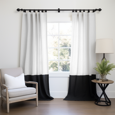 Black and White Color Block Tab Top Linen Curtain Panel - Custom Width and Length