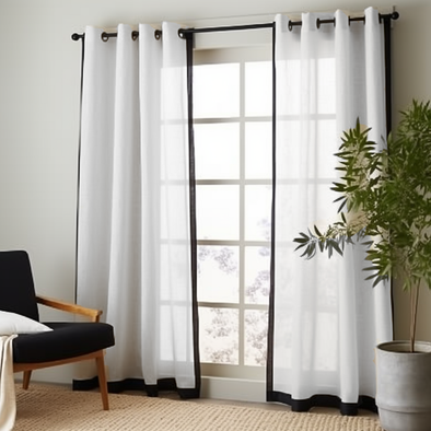 Eyelet Top Black and White Frame Border Linen Curtain Panel - Custom Width and Length