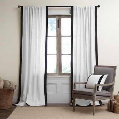 Black and White Frame Border Pole Pocket Linen Curtain Panel with Cotton Lining - Custom Width and Length