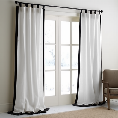 Black and White Frame Border Tab Top Linen Curtain Panel - Custom Width and Length